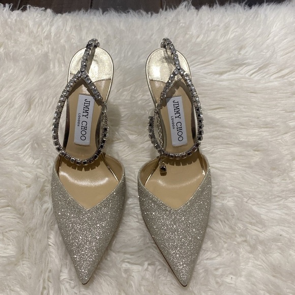 New Jimmy Choo Saeda 100 Platinum Ice dusty glitter pumps size 38EU - Picture 13 of 15